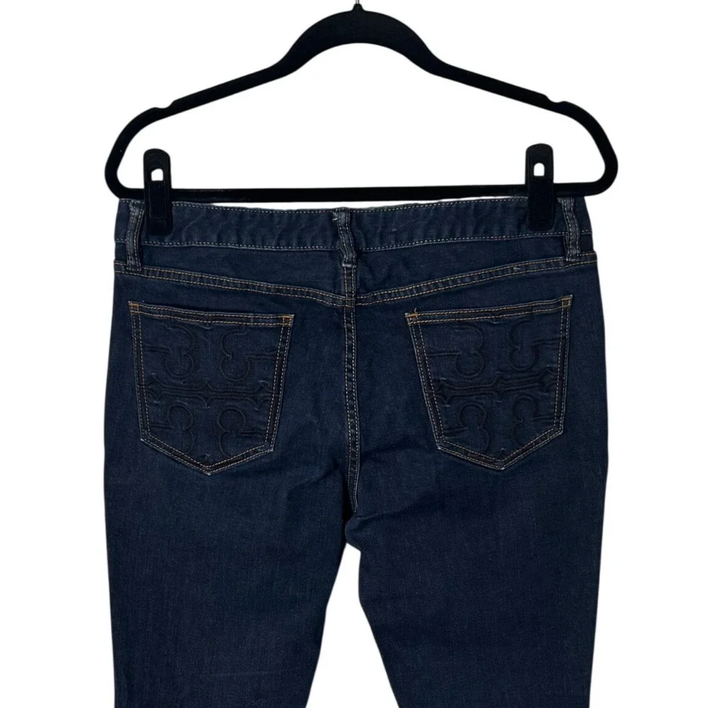 Tory Burch Super‎ Skinny Mid Rise Jeans Dark Wash Logo Pocket Size 31